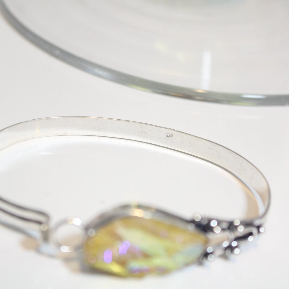 Yellow Titanium Druzy Sterling Silver Gemstone Bangle Bracelet - Picture 7 of 9